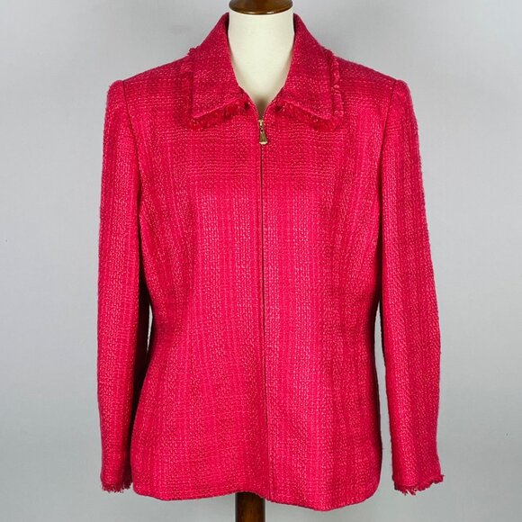 Alfred Dunner Full Zip Tweed Blazer Sz 14 Hot Pink Fringe Preppy Professional - Picture 1 of 6